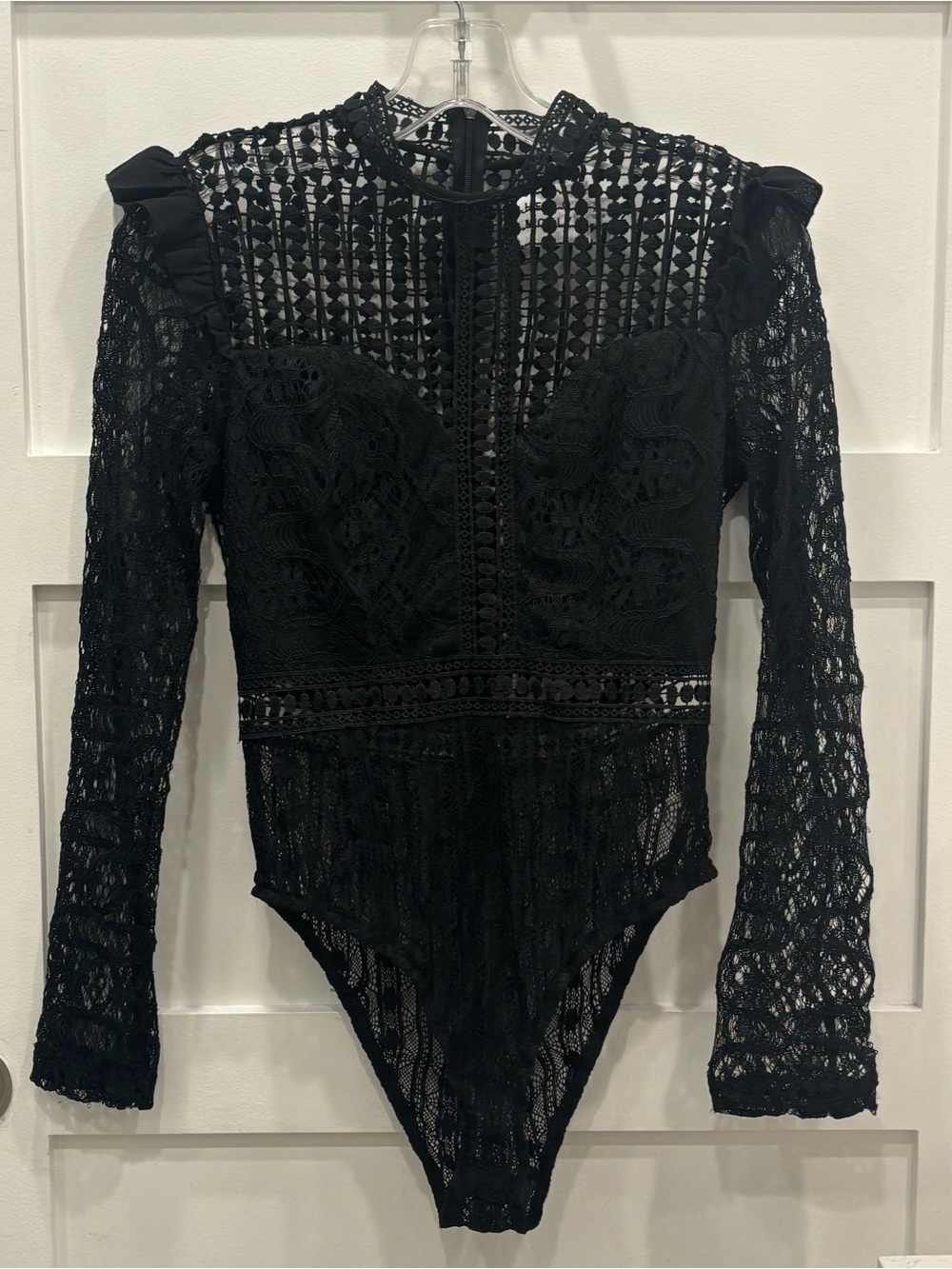 Hello Molly Black Lace Long-Sleeve Bodysuit with High Neck